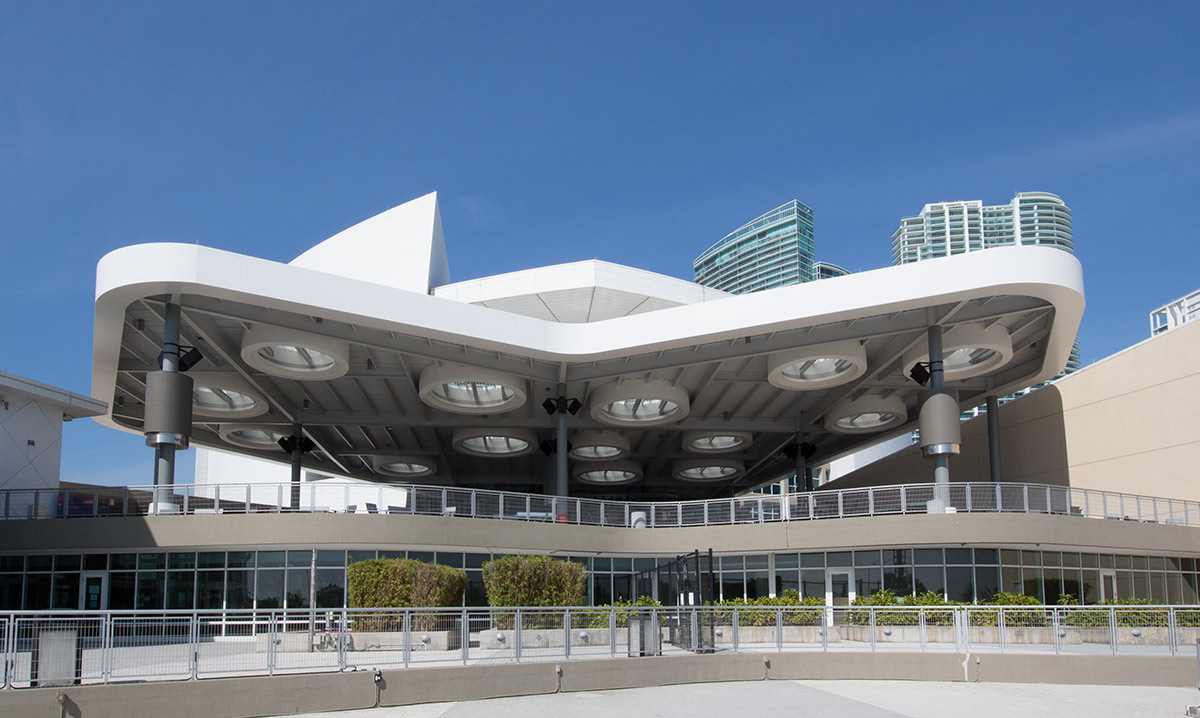 Architectural view of the of the FTX Arena terrace in Miami, FL.